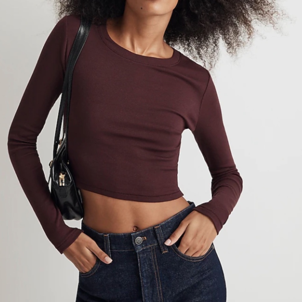 Fine Ribbed Supercrop Crewneck Long-Sleeve Tee Size XS